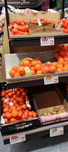 Dates and clementine from Israel on display at the entrance of the french grocery chains Auchan 