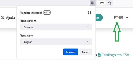 A cropped screenshot of firefox wanting to translate a brazilian portuguese page, only it thinks it's spanish