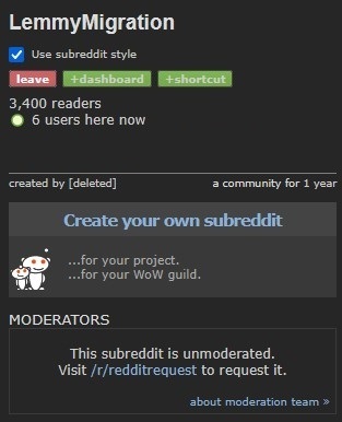 Screenshot of the subreddit r/LemmyMigration, which appears to be unmoderated