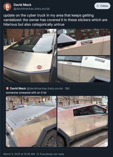 Two posts from a bsky timeline. The first showing a swasticar with shit smeared on it, followed up by pics showing the owner has since slapped "bought before elon went crazy" stickers all over it to stem the tide.